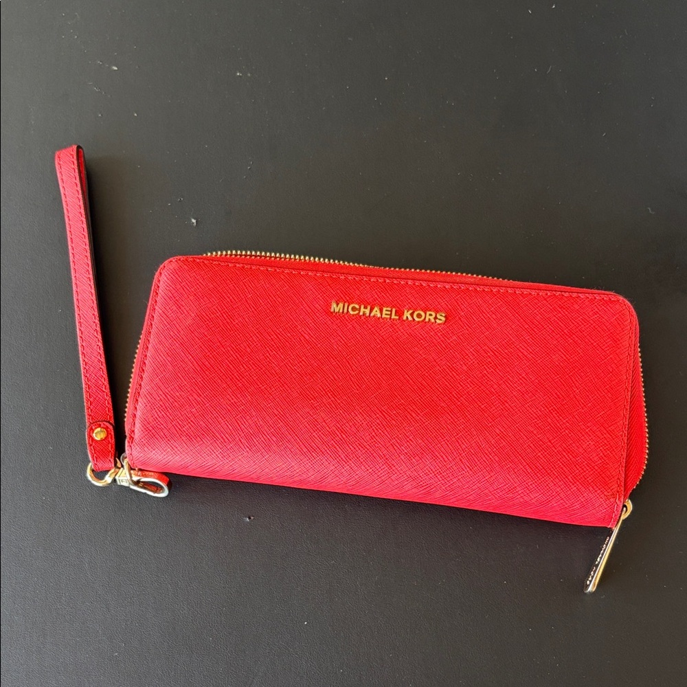 Michael Kors Saffiano Zip Wristlet Wallet with Gold Logo